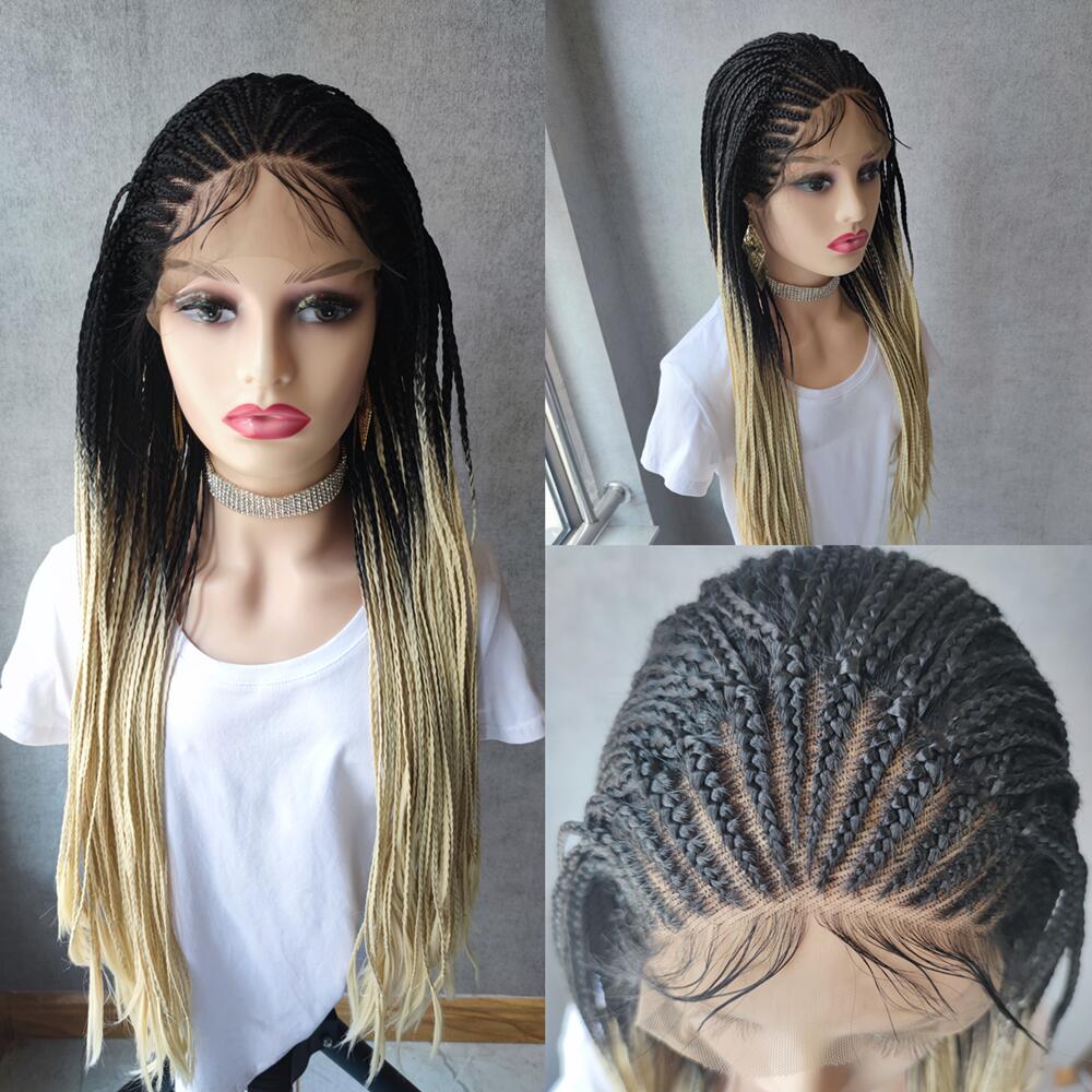 Long Ombre Blonde Braided Lace Wig Long Cornrow Braids Lace Wig  Box Braid  Lace Front Wig Synthetic Hair For Black Women - promboutiqueonline