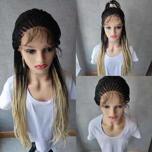 Long Ombre Blonde Braided Lace Wig Long Cornrow Braids Lace Wig  Box Braid  Lace Front Wig Synthetic Hair For Black Women