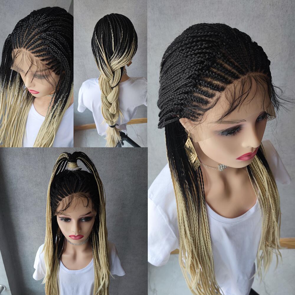 Long Ombre Blonde Braided Lace Wig Long Cornrow Braids Lace Wig  Box Braid  Lace Front Wig Synthetic Hair For Black Women - promboutiqueonline