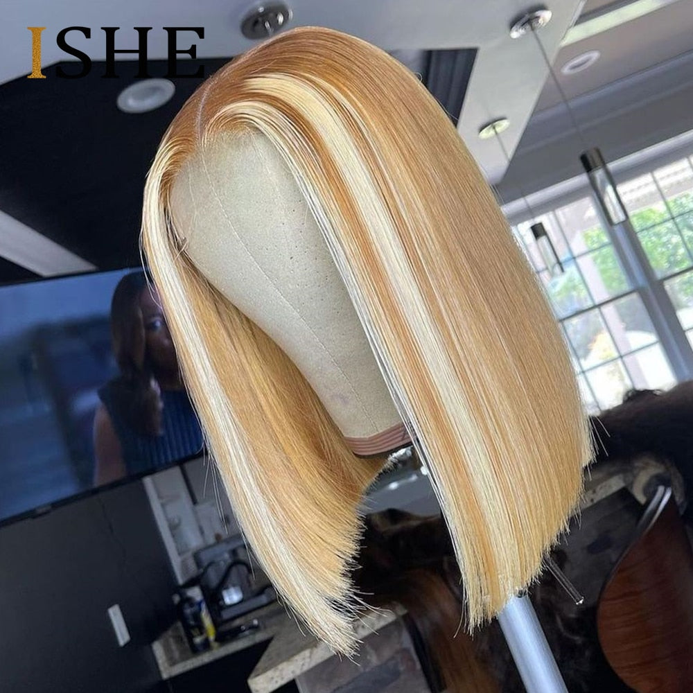 Highlight Honey Blonde Straight Bob Lace Front Human Hair Wigs For Women - promboutiqueonline