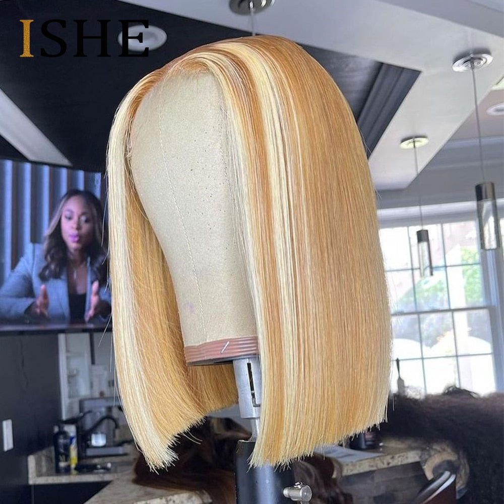 Highlight Honey Blonde Straight Bob Lace Front Human Hair Wigs For Women - promboutiqueonline