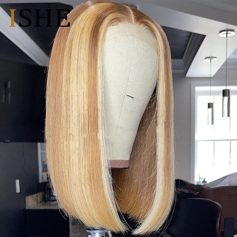 Highlight Honey Blonde Straight Bob Lace Front Human Hair Wigs For Women - promboutiqueonline
