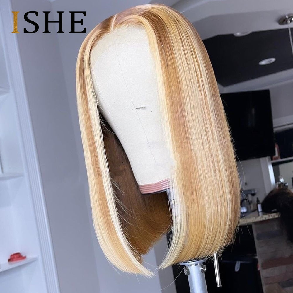 Highlight Honey Blonde Straight Bob Lace Front Human Hair Wigs For Women - promboutiqueonline