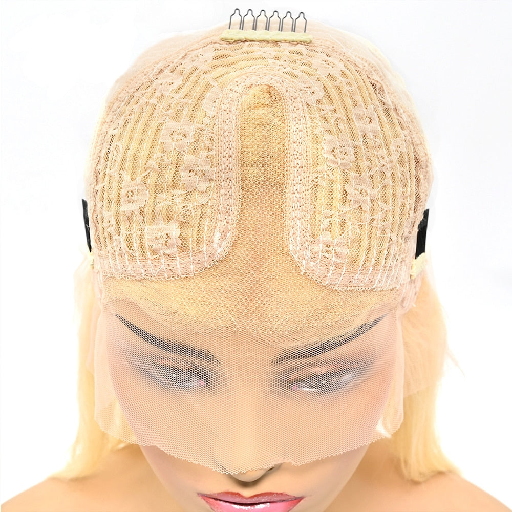 Highlight Honey Blonde Straight Bob Lace Front Human Hair Wigs For Women - promboutiqueonline