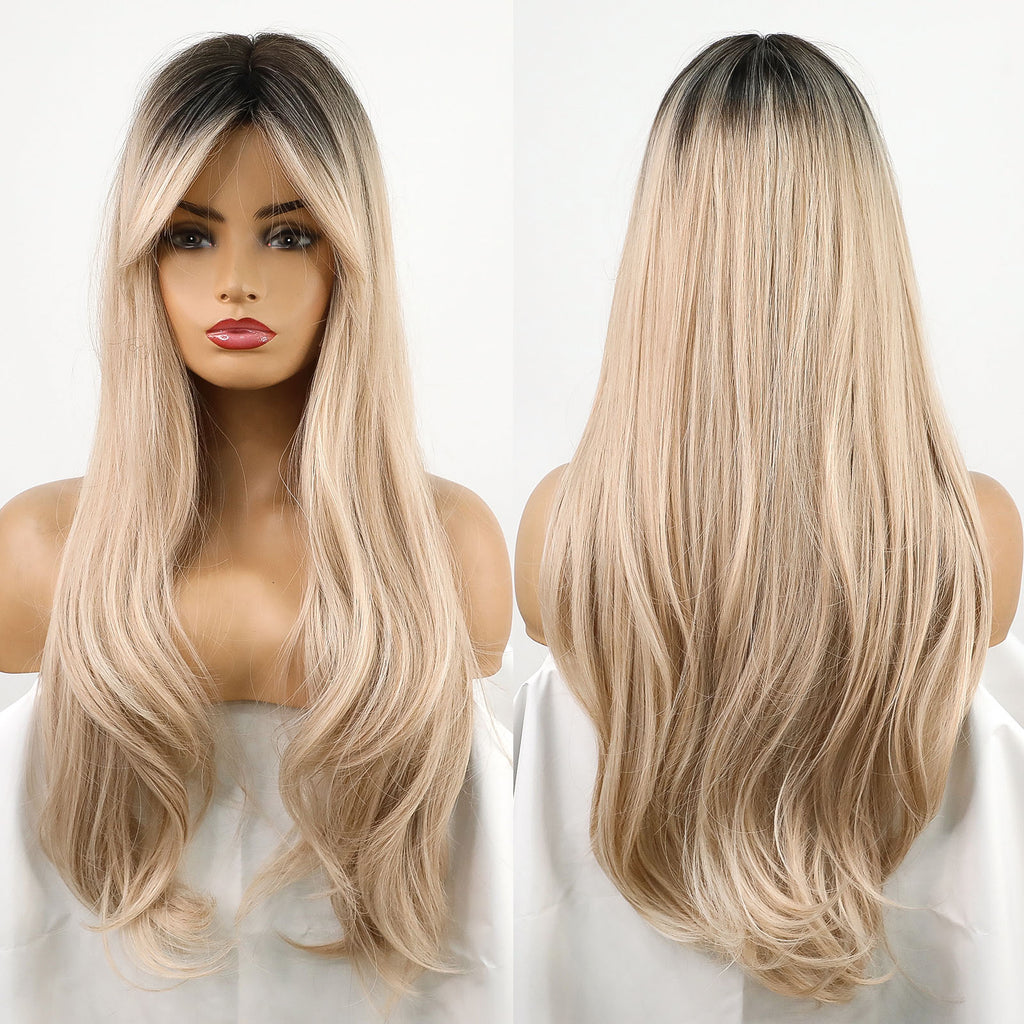 Blonder Ombre Color Long Wave Synthetic Wigs with Side Bangs for Women - promboutiqueonline