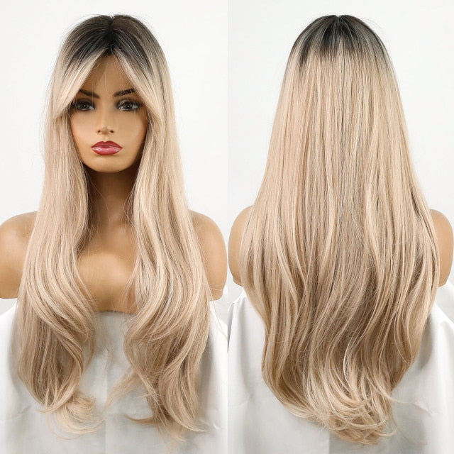 Blonder Ombre Color Long Wave Synthetic Wigs with Side Bangs for Women - promboutiqueonline
