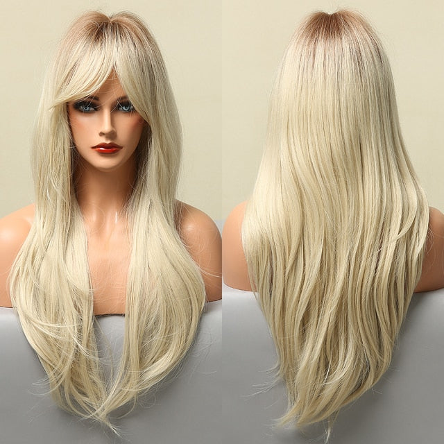 Blonder Ombre Color Long Wave Synthetic Wigs with Side Bangs for Women - promboutiqueonline