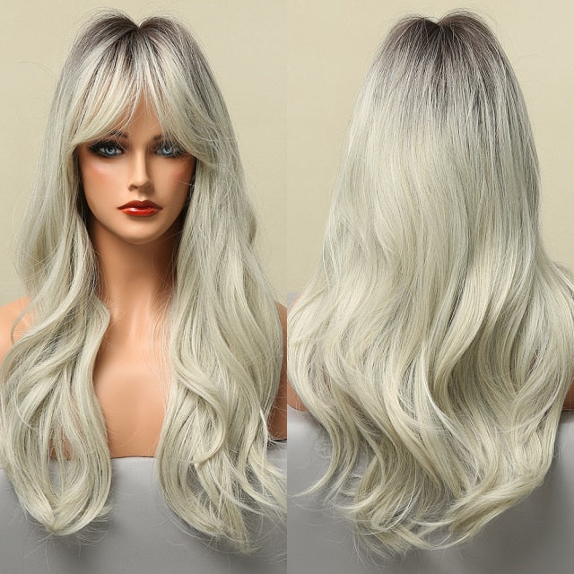 Blonder Ombre Color Long Wave Synthetic Wigs with Side Bangs for Women - promboutiqueonline
