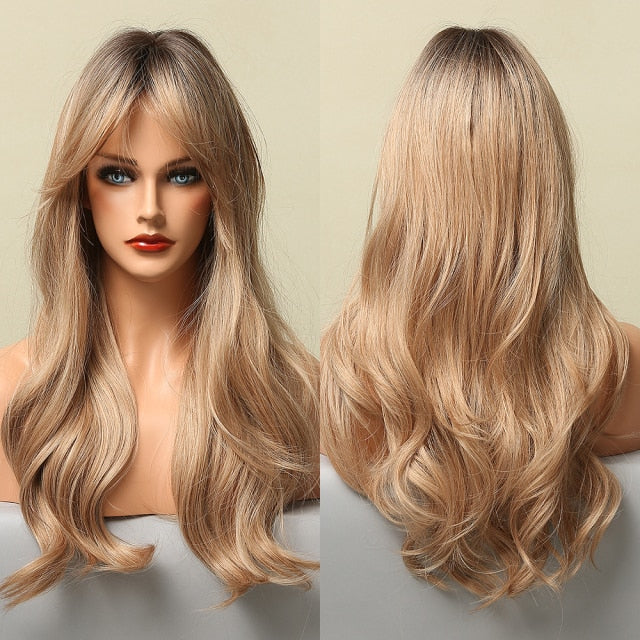 Blonder Ombre Color Long Wave Synthetic Wigs with Side Bangs for Women - promboutiqueonline