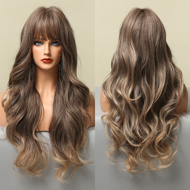 Blonder Ombre Color Long Wave Synthetic Wigs with Side Bangs for Women - promboutiqueonline