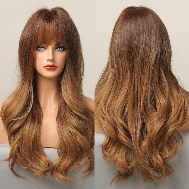 Blonder Ombre Color Long Wave Synthetic Wigs with Side Bangs for Women - promboutiqueonline