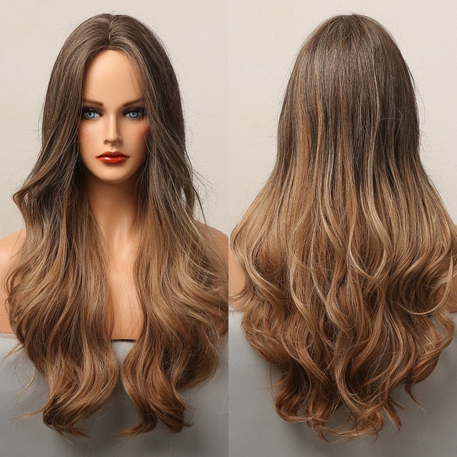 Blonder Ombre Color Long Wave Synthetic Wigs with Side Bangs for Women - promboutiqueonline