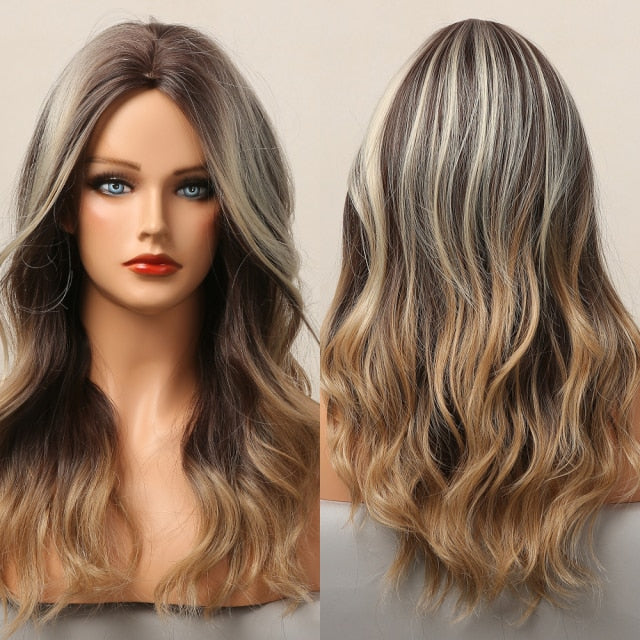 Blonder Ombre Color Long Wave Synthetic Wigs with Side Bangs for Women - promboutiqueonline