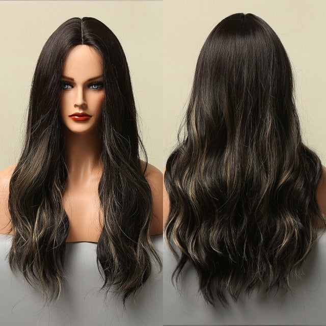 Blonder Ombre Color Long Wave Synthetic Wigs with Side Bangs for Women - promboutiqueonline