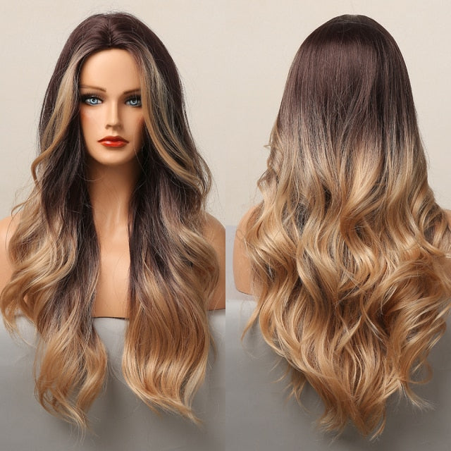 Blonder Ombre Color Long Wave Synthetic Wigs with Side Bangs for Women - promboutiqueonline