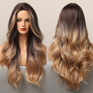 Blonder Ombre Color Long Wave Synthetic Wigs with Side Bangs for Women