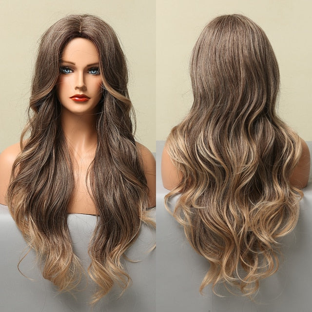 Blonder Ombre Color Long Wave Synthetic Wigs with Side Bangs for Women - promboutiqueonline