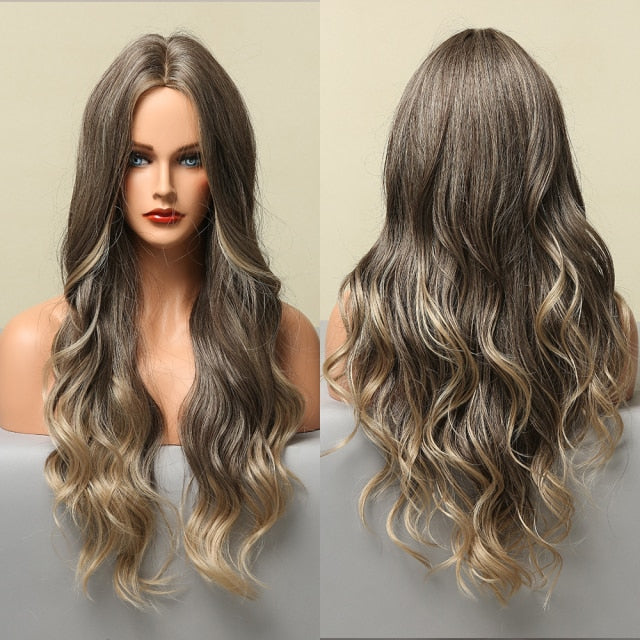 Blonder Ombre Color Long Wave Synthetic Wigs with Side Bangs for Women - promboutiqueonline