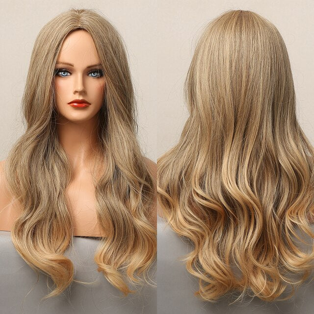 Blonder Ombre Color Long Wave Synthetic Wigs with Side Bangs for Women - promboutiqueonline
