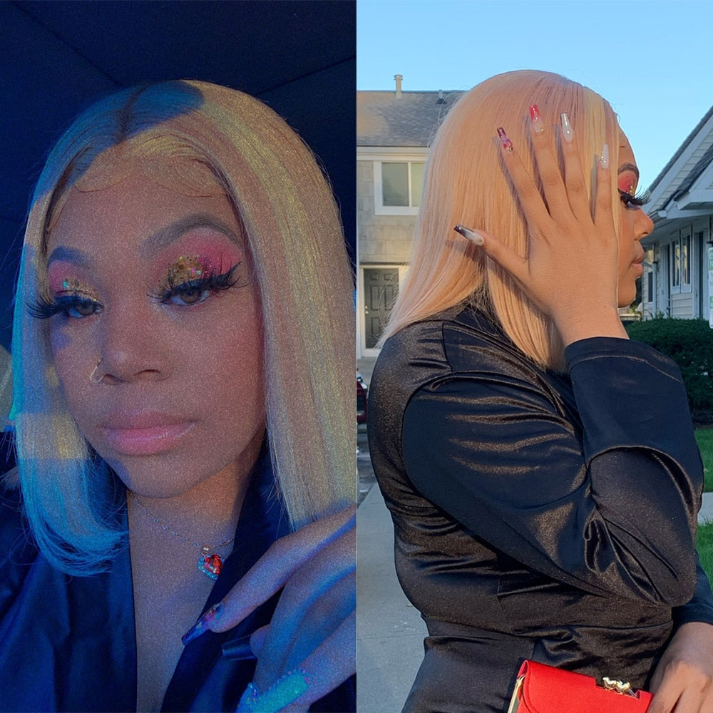 Highlight Honey Blonde Straight Bob Lace Front Human Hair Wigs For Women - promboutiqueonline