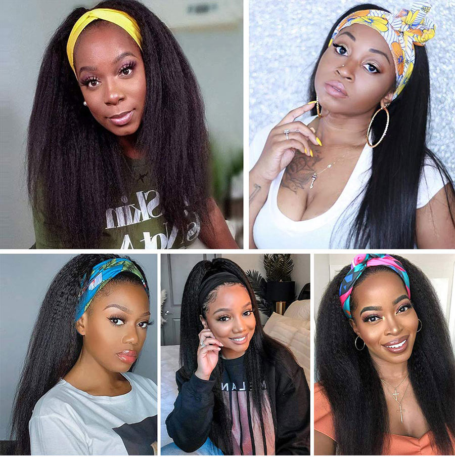 Afro Style Glueless Synthetic Headband Wigs Yaki Kinky Straight For Black Women 4color Available - promboutiqueonline