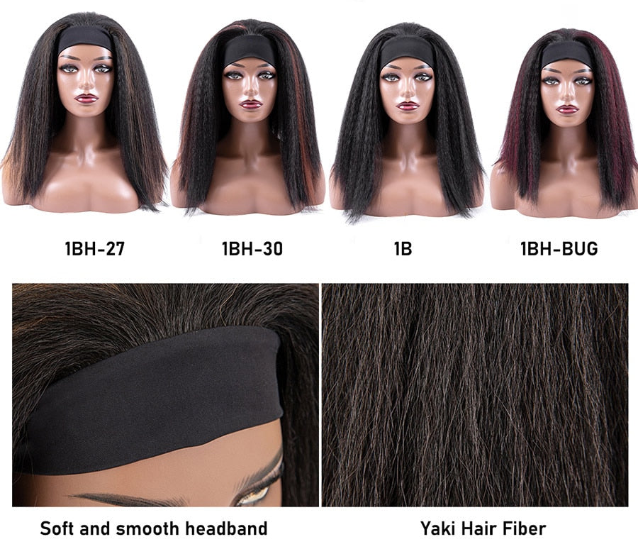 Afro Style Glueless Synthetic Headband Wigs Yaki Kinky Straight For Black Women 4color Available - promboutiqueonline