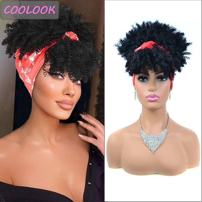 Afro Puff Kinky Curly Synthetic Short Headband Wigs with Turban Wrap For Black Women Heat Resistent - promboutiqueonline