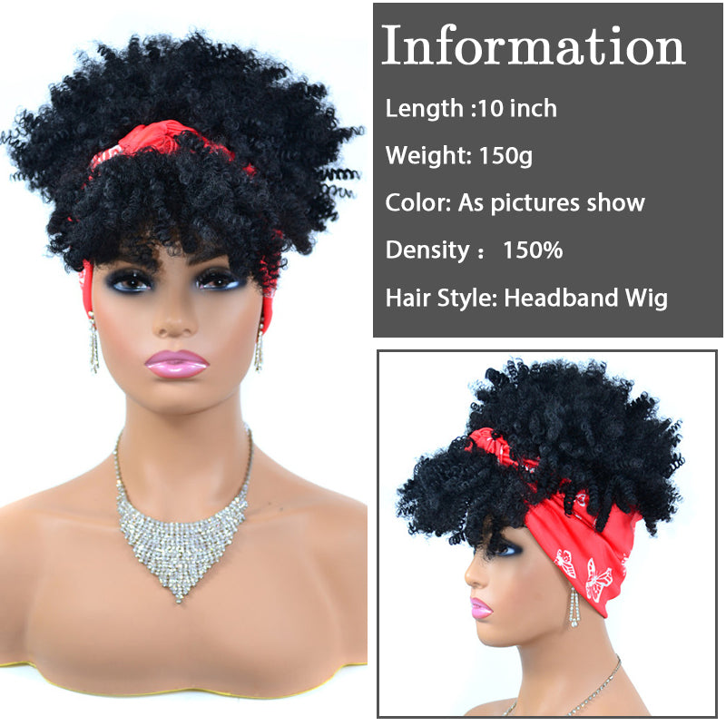 Afro Puff Kinky Curly Synthetic Short Headband Wigs with Turban Wrap For Black Women Heat Resistent - promboutiqueonline