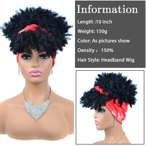 Afro Puff Kinky Curly Synthetic Short Headband Wigs with Turban Wrap For Black Women Heat Resistent - promboutiqueonline