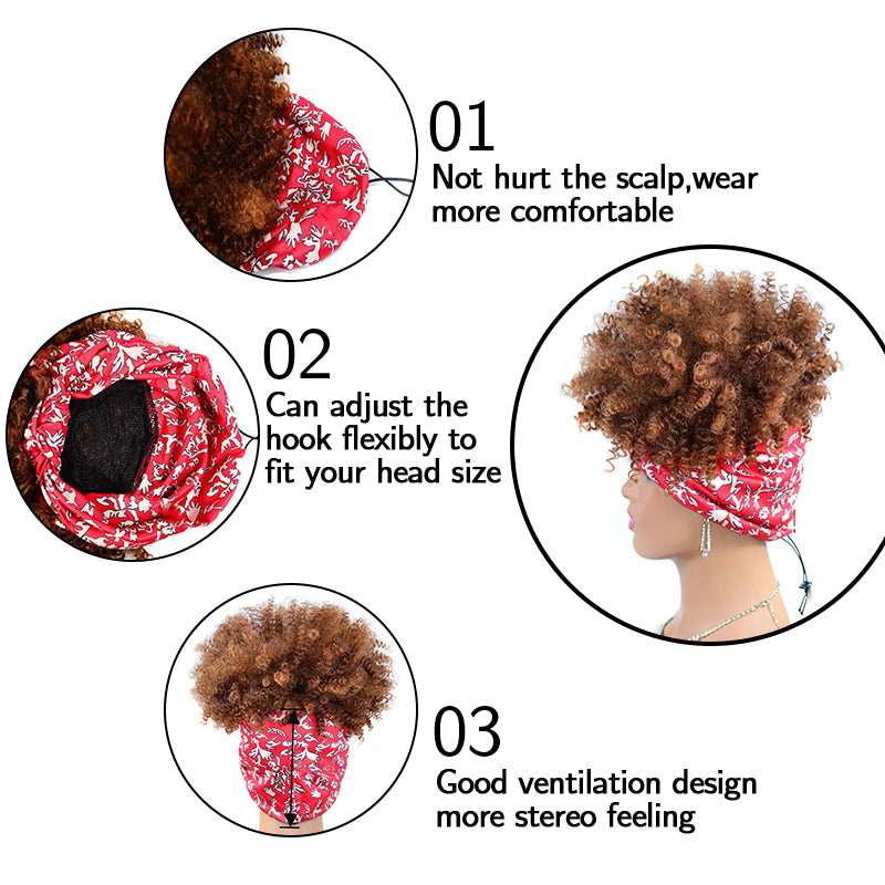 Afro Puff Kinky Curly Synthetic Short Headband Wigs with Turban Wrap For Black Women Heat Resistent - promboutiqueonline