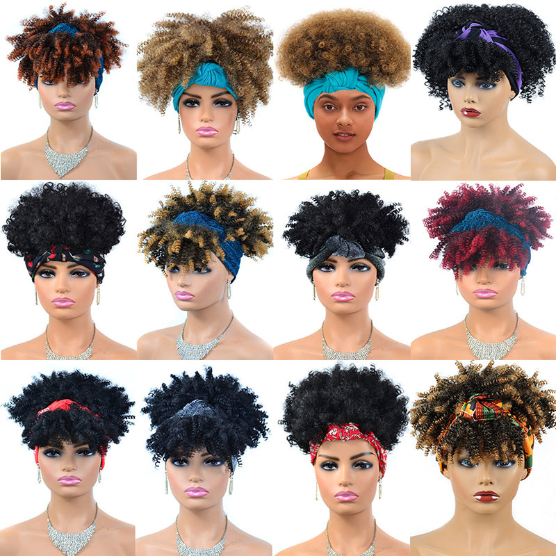 Afro Puff Kinky Curly Synthetic Short Headband Wigs with Turban Wrap For Black Women Heat Resistent - promboutiqueonline