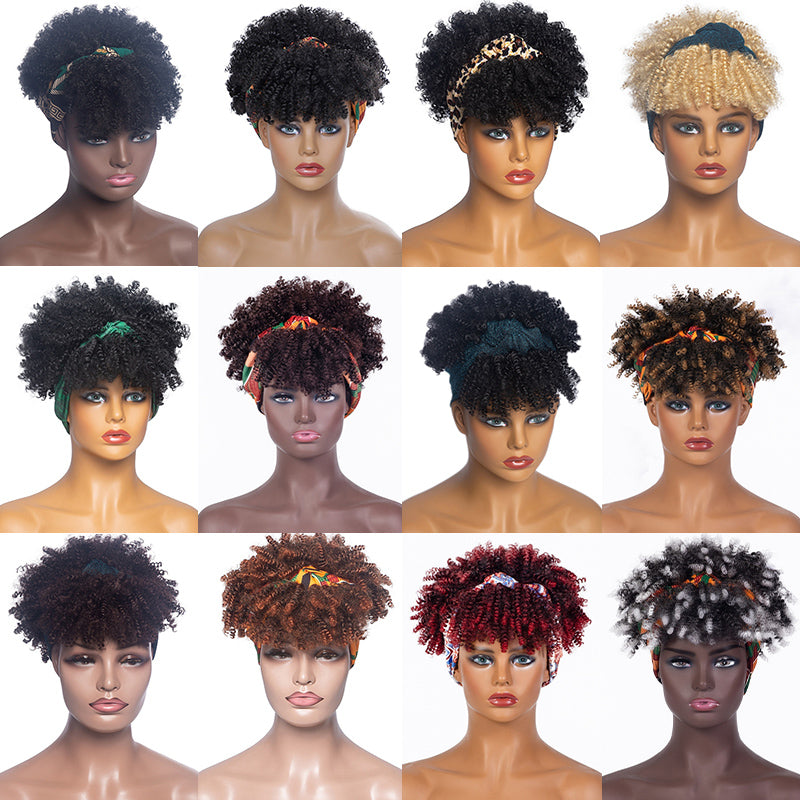 Afro Puff Kinky Curly Synthetic Short Headband Wigs with Turban Wrap For Black Women Heat Resistent - promboutiqueonline