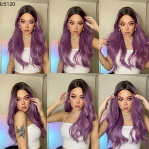 Purple Long Body Wave Synthetic Wigs for Women Cosplay Lolita Wigs High Temperature Fiber Hair