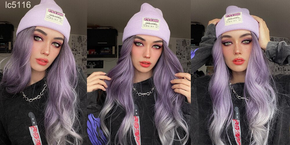 Purple Long Body Wave Synthetic Wigs for Women Cosplay Lolita Wigs High Temperature Fiber Hair - promboutiqueonline
