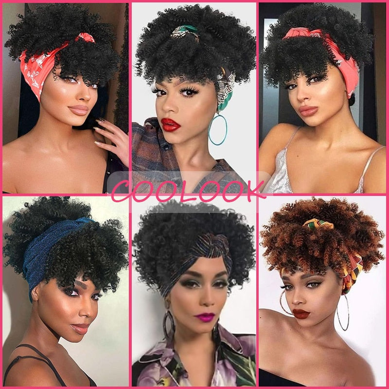 Afro Puff Kinky Curly Synthetic Short Headband Wigs with Turban Wrap For Black Women Heat Resistent - promboutiqueonline