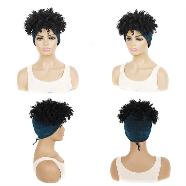 Afro Puff Kinky Curly Synthetic Short Headband Wigs with Turban Wrap For Black Women Heat Resistent - promboutiqueonline