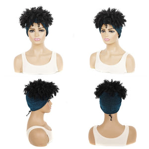 Afro Puff Kinky Curly Synthetic Short Headband Wigs with Turban Wrap For Black Women Heat Resistent