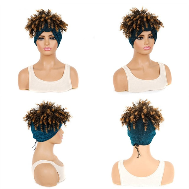 Afro Puff Kinky Curly Synthetic Short Headband Wigs with Turban Wrap For Black Women Heat Resistent - promboutiqueonline
