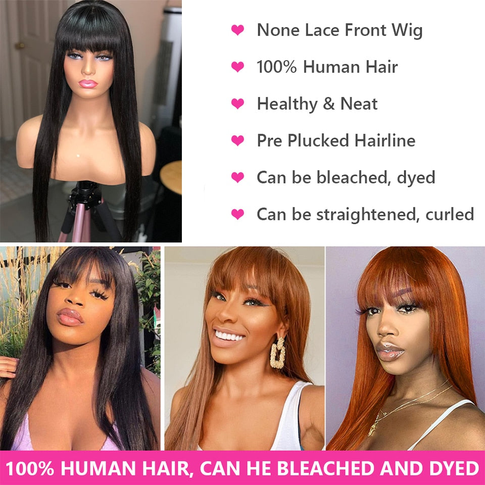 Glueless Straight Remy Hair Wigs With Bangs and Fringe Bob For Women - promboutiqueonline