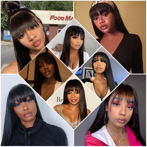 Glueless Straight Remy Hair Wigs With Bangs and Fringe Bob For Women