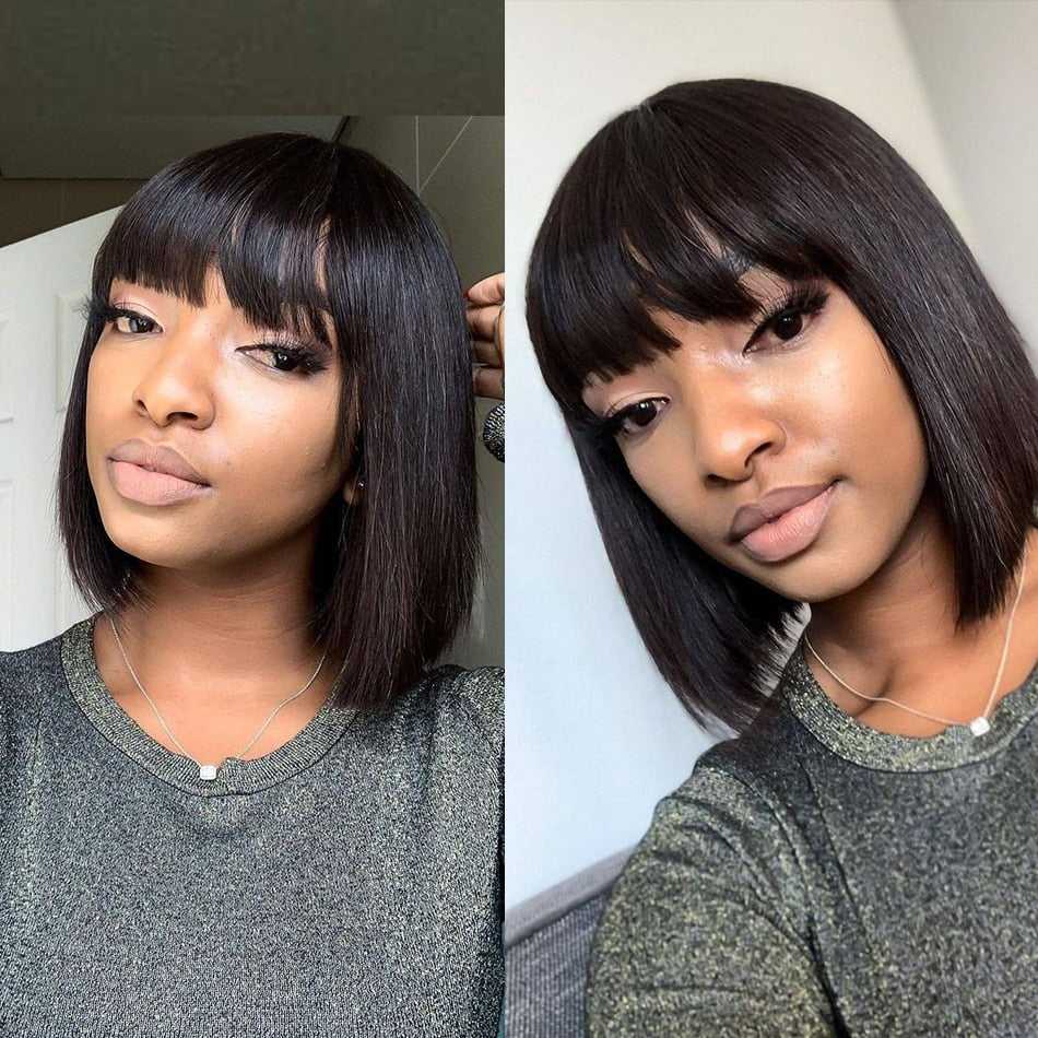 Glueless Straight Remy Hair Wigs With Bangs and Fringe Bob For Women - promboutiqueonline