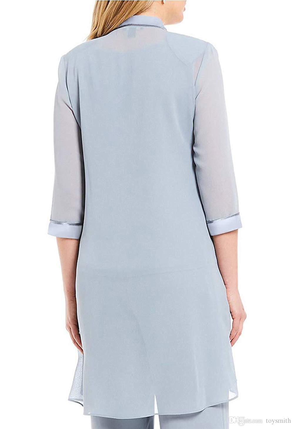 Draped Grey Chiffon 3/4 Sleeves Mother of Bride Dressy Pants Suit 3PCS Outfit for Mother of Groom - promboutiqueonline
