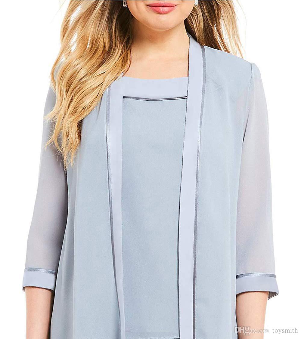 Draped Grey Chiffon 3/4 Sleeves Mother of Bride Dressy Pants Suit 3PCS Outfit for Mother of Groom - promboutiqueonline