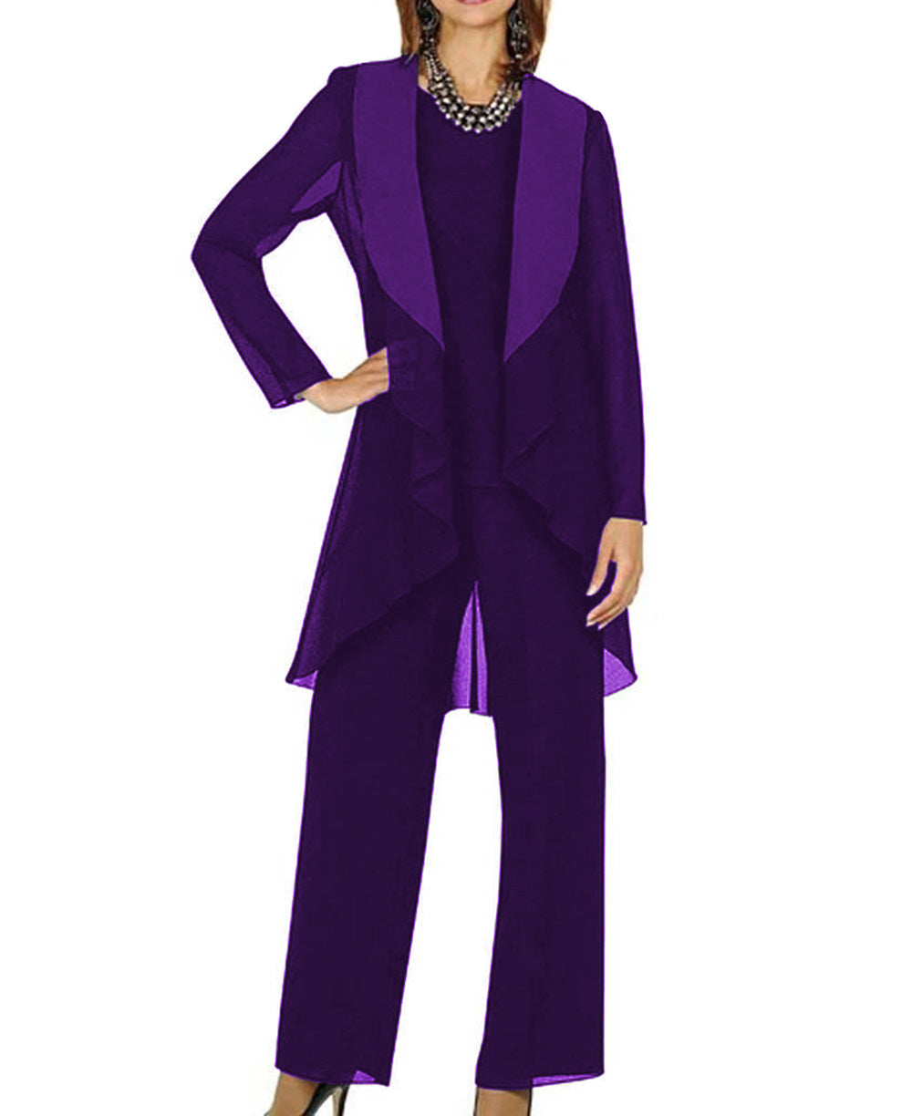 Elegant Chiffon Mother of the Bride Dressy Outfits 3PCS pantsuits for Wedding Party - promboutiqueonline