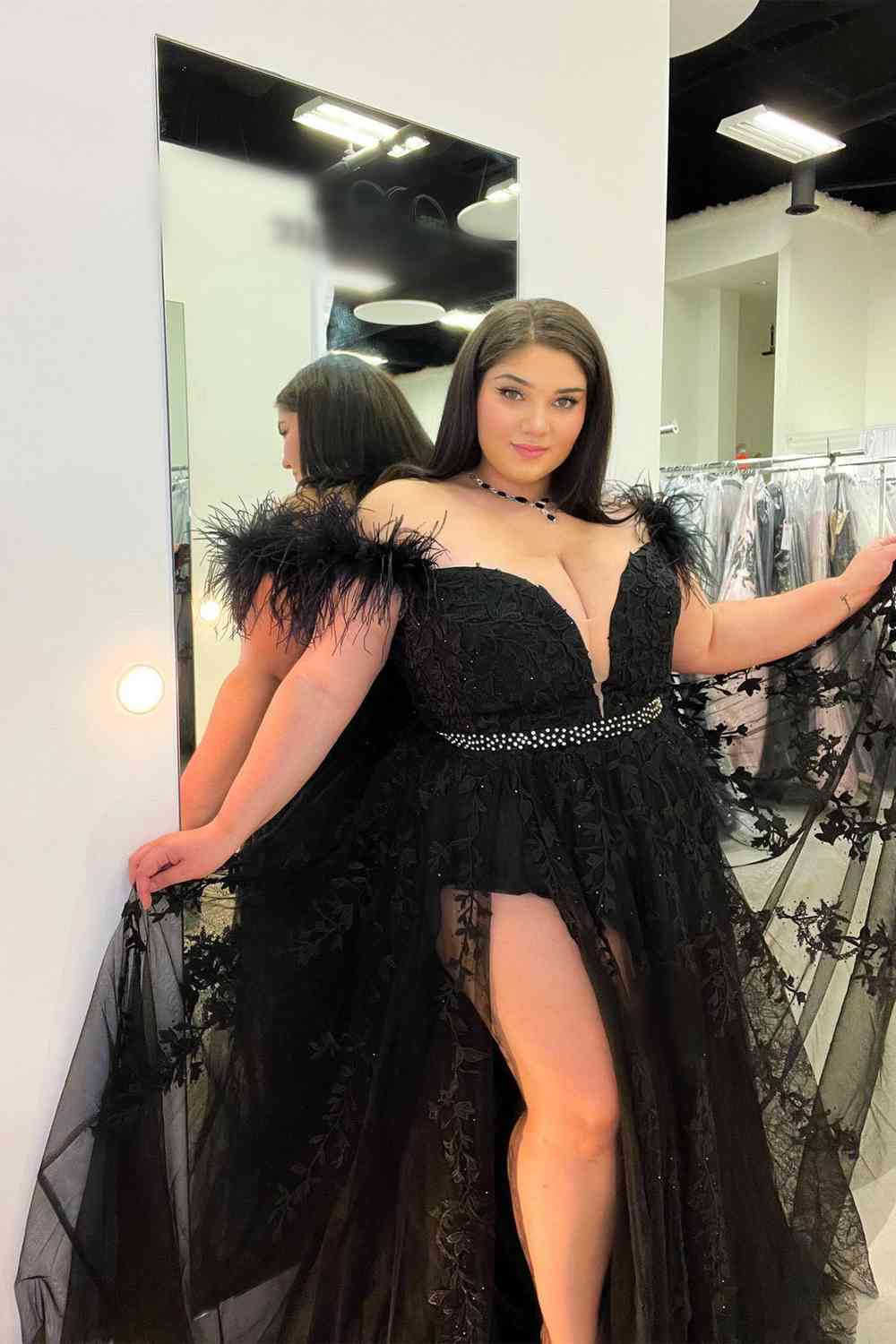 Sheer Plunging Neckline Applique Feather Prom Dresses with Slit - promboutiqueonline
